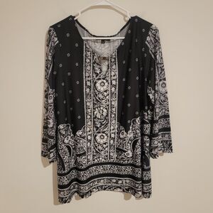 Melissa Paige Womens Top Size XL Black And White‎ Floral Boho Bandana 3/4 Sleeve